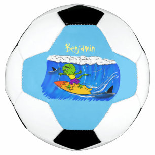 Funny frilled neck lizard surfing cartoon soccer ball