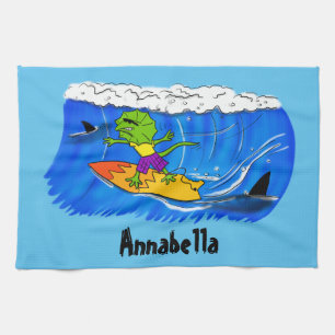 Funny frilled neck lizard surfing cartoon tea towel