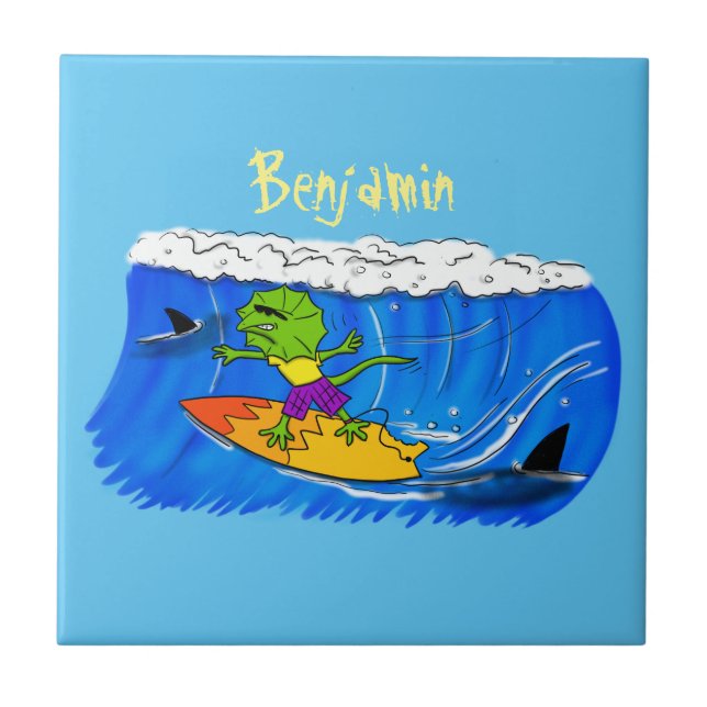 Funny frilled neck lizard surfing cartoon tile (Front)