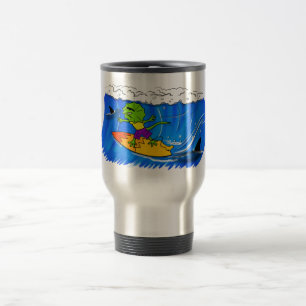 Funny frilled neck lizard surfing cartoon travel mug