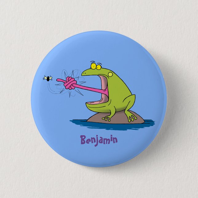 Funny frog and fly cartoon 6 cm round badge (Front)