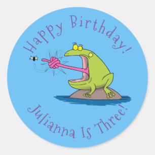 Funny frog and fly cartoon classic round sticker