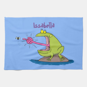 Funny frog and fly cartoon tea towel
