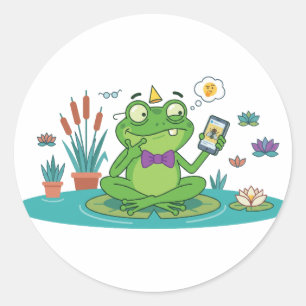 Funny Frog Browsing Smartphone Classic Round Sticker