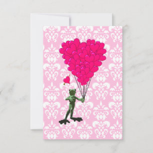 Funny frog cartoon & pink heart on damask