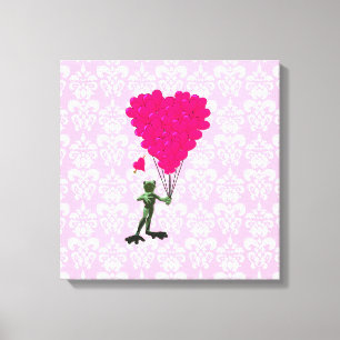 Funny frog cartoon & pink heart on damask canvas print