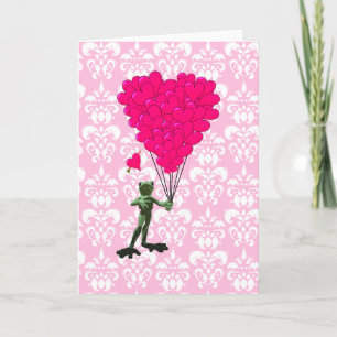 Funny frog cartoon & pink heart on damask holiday card