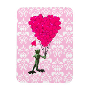 Funny frog cartoon & pink heart on damask magnet