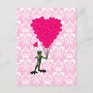 Funny frog cartoon & pink heart on damask postcard
