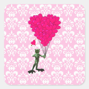 Funny frog cartoon & pink heart on damask square sticker