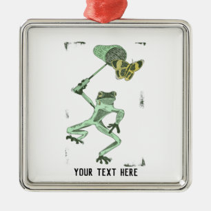 Funny frog chasing a butterfly metal tree decoration