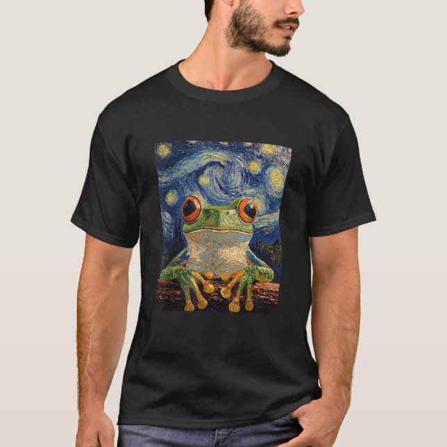 Funny Frog Graphic Van Gogh Style Starry Night T-Shirt (Front)