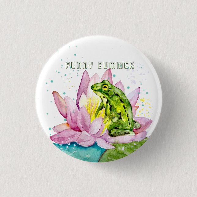 Funny frog on a lotus 3 cm round badge (Front)