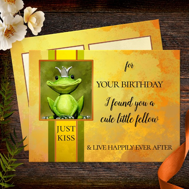 Funny Frog Prince Birthday Postcard (Funny birthday postcard featuring a cute frog prince to be kissed for the best results)
