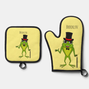 Funny frog with top hat cartoon oven mitt & pot holder set