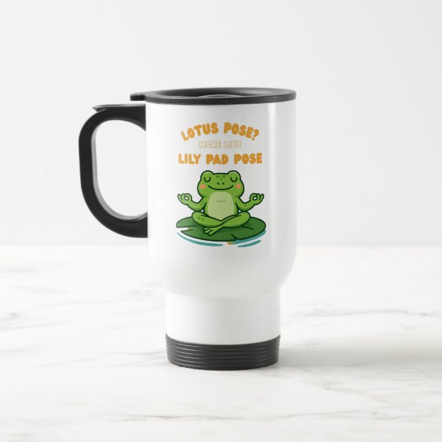 Funny Frog Yoga Cartoon Lotus Lily Pad Pose Design Travel Mug (Left)
