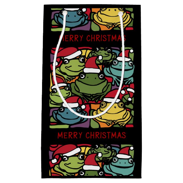 Funny Frogs in Santa Hats Christmas Abstract  Small Gift Bag (Front)