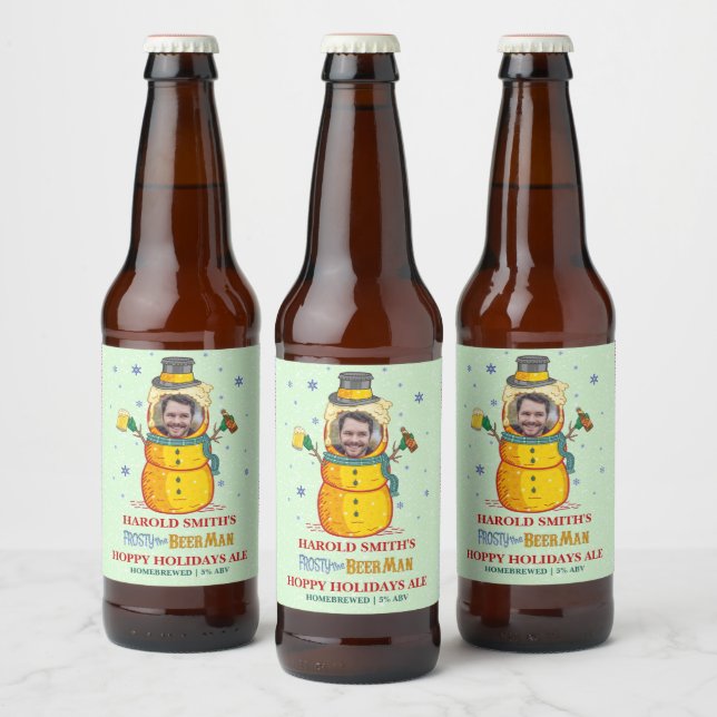 Funny Frosty Beer Man Humour Custom Photo Christma Bottle Label (Bottles)