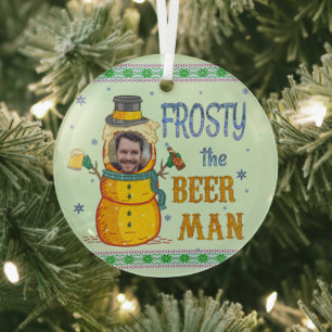 Funny Frosty Beer Man Humour Custom Photo Christma Glass Tree Decoration