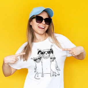 Funny Fun Grinning Gang Dog Cat Parrot Characters T-Shirt