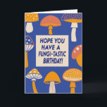 Funny Fungi Mushroom Pun Quote Retro Blue Birthday Card<br><div class="desc">This quirky and colourful birthday card is perfect for someone who loves a good pun and a touch of whimsy! Featuring a playful lineup of retro-inspired mushrooms in shades of orange, yellow, and blue, it delivers a fun, lighthearted message: “Hope you have a fungi-tastic birthday!” Whether it’s for a nature...</div>
