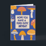 Funny Fungi Mushroom Pun Quote Retro Blue Birthday Card<br><div class="desc">This quirky and colourful birthday card is perfect for someone who loves a good pun and a touch of whimsy! Featuring a playful lineup of retro-inspired mushrooms in shades of orange, yellow, and blue, it delivers a fun, lighthearted message: “Hope you have a fungi-tastic birthday!” Whether it’s for a nature...</div>