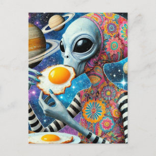Funny Funky Alien Eating Fried Eggs Postcard