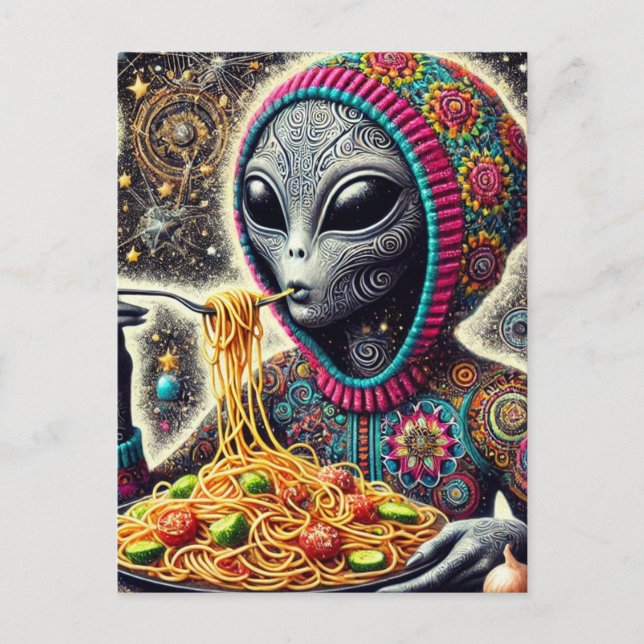 Funny Funky Alien Eating Spaghetti Postcard (Front)