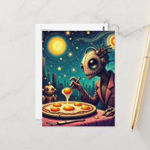 Funny Funky  Robots Eating Fried Eggs Postcard