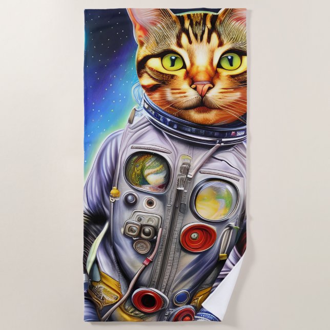 Funny Futuristic Astronaut Cat Beach Towel (Front)