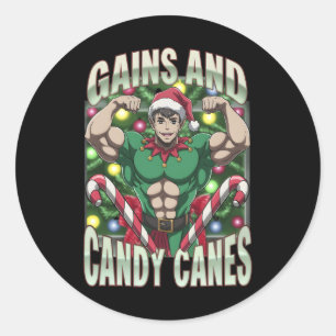 Funny Gains And Candy Canes Christmas Elf Gym Work Classic Round Sticker