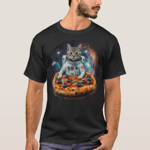 Funny Galaxy Cat Kitten Astronaut Eating Pizza In  T-Shirt