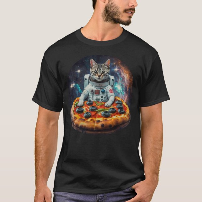 Funny Galaxy Cat Kitten Astronaut Eating Pizza In  T-Shirt (Front)