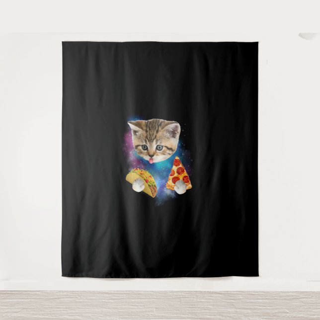 Funny Galaxy Cat Shirt _ Space Cat Eat Pizza and T Tapestry (Front)