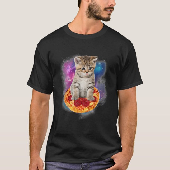 Funny Galaxy Cat Space Cat Eat Pizza and Taco Pull T-Shirt (Front)