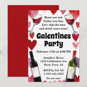 Funny Galentine Wine Hearts Girls Night Invitation