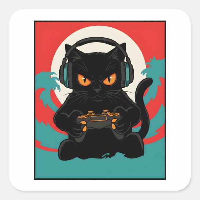 Funny Gamer Cat Retro Controller Headphones Night Square Sticker (Front)
