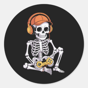 Funny Gamer Halloween Skeleton Video Games Gaming Classic Round Sticker