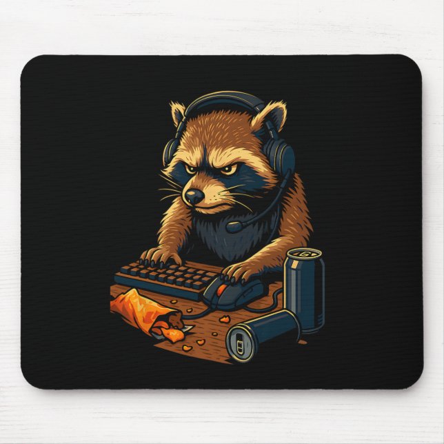 Funny Gamer Raccoon With Headset  Mouse Pad (Front)