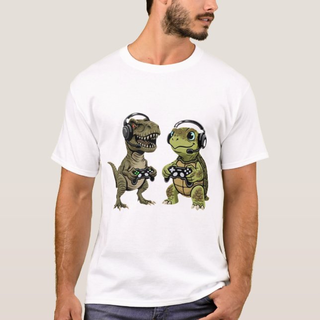 Funny Gamer T Rex Turtle Dinosaur Retro Gaming  T-Shirt (Front)