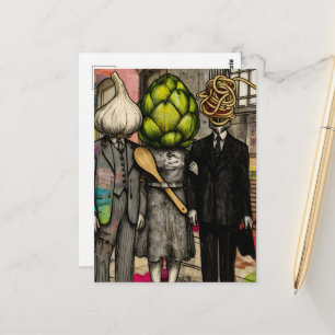 Funny garlic, an artichoke, and a spaghetti fork postcard