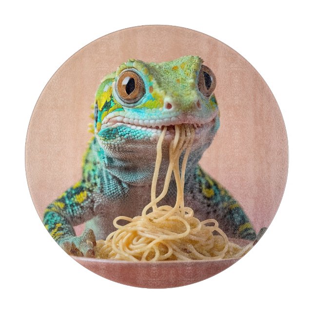 Funny Gecko Eating Spaghetti  Cutting Board (Front)