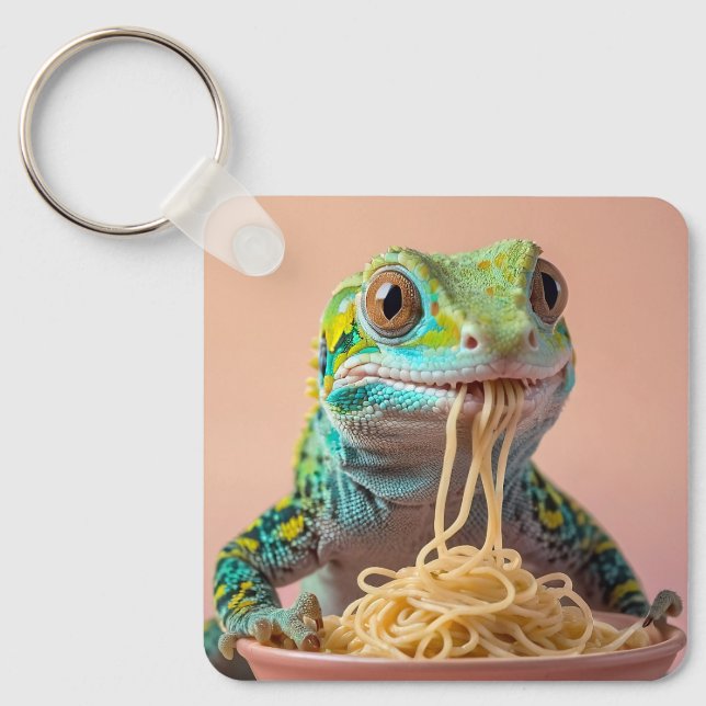 Funny Gecko Eating Spaghetti  Key Ring (Front)