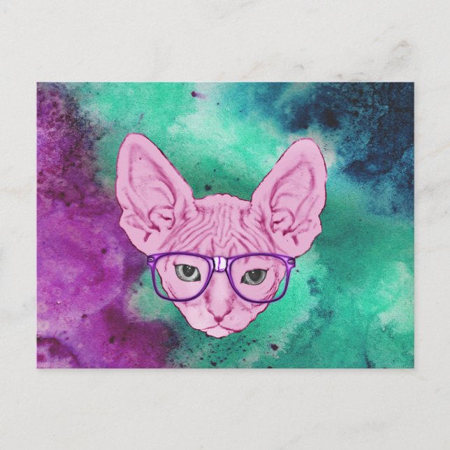 Funny Geeky Cat on Watercolor Backgroun Postcard (Front)