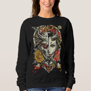 Funny Geisha And Demon Japanese Flowers Cherry Blo Sweatshirt