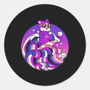 Funny Genderfluid Shirt Surfing Cat Gender Fluid P Classic Round Sticker