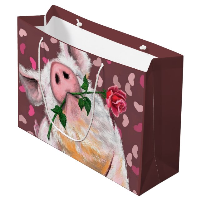 Funny Gentleman Pig with Rose Gift Bag (Front Angled)