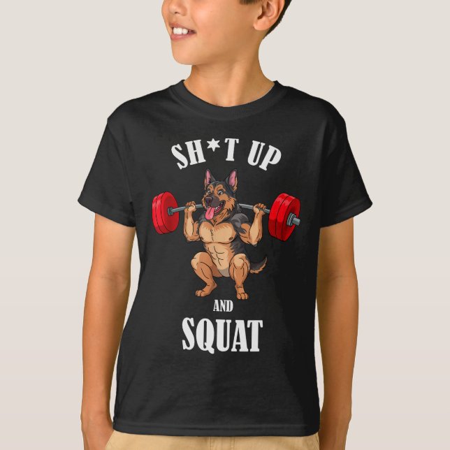Funny German Shepherd Fitness Squating Workout Wei T-Shirt (Front)