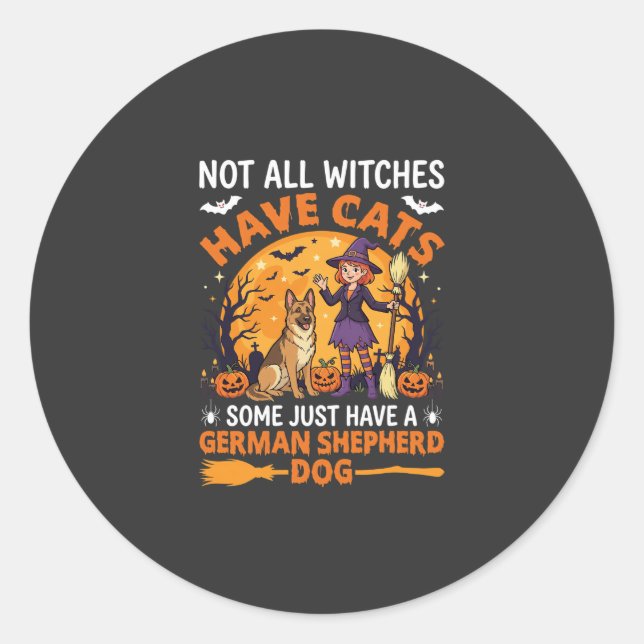 Funny German Shepherd Halloween Witch Dog Classic Round Sticker (Front)