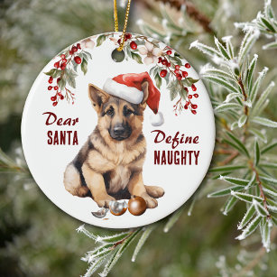 Funny German Shepherd Pup Define Naughty Christmas Ceramic Tree Decoration
